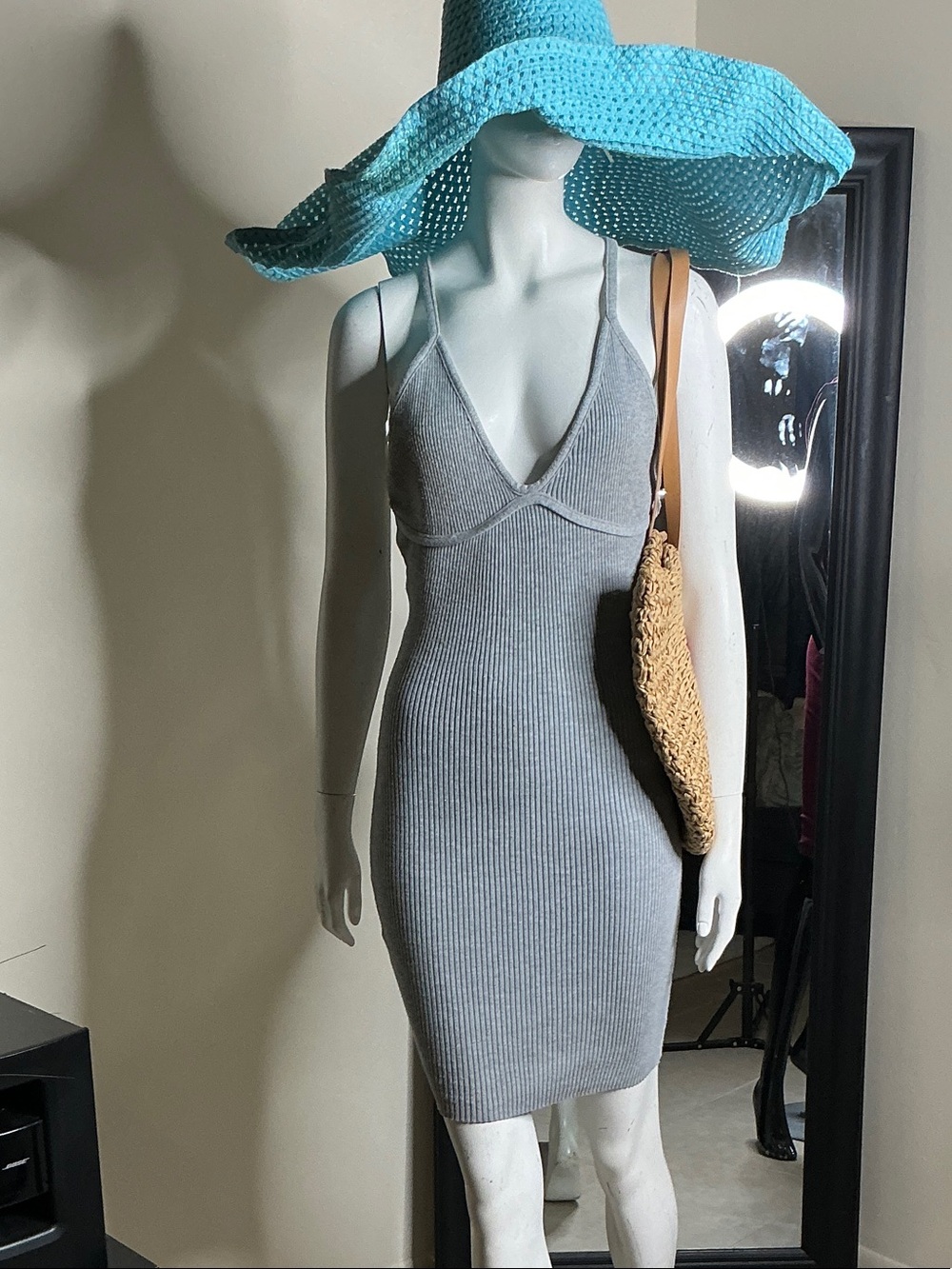 Biba Light Gray Ribbed V‑Neck Midi Dress